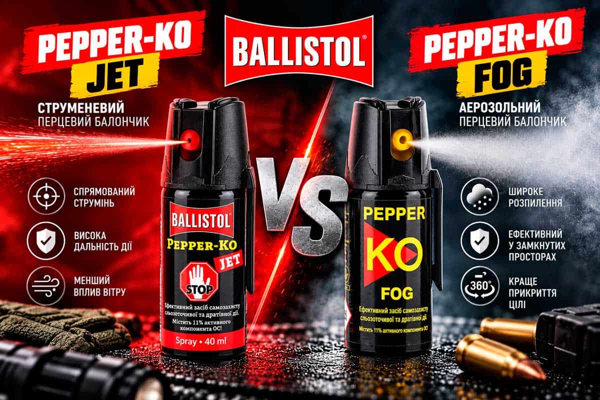 Перцовые баллончики Ballistol Pepper KO Jet и Fog рядом: сравнение струйного и аэрозольного распыления